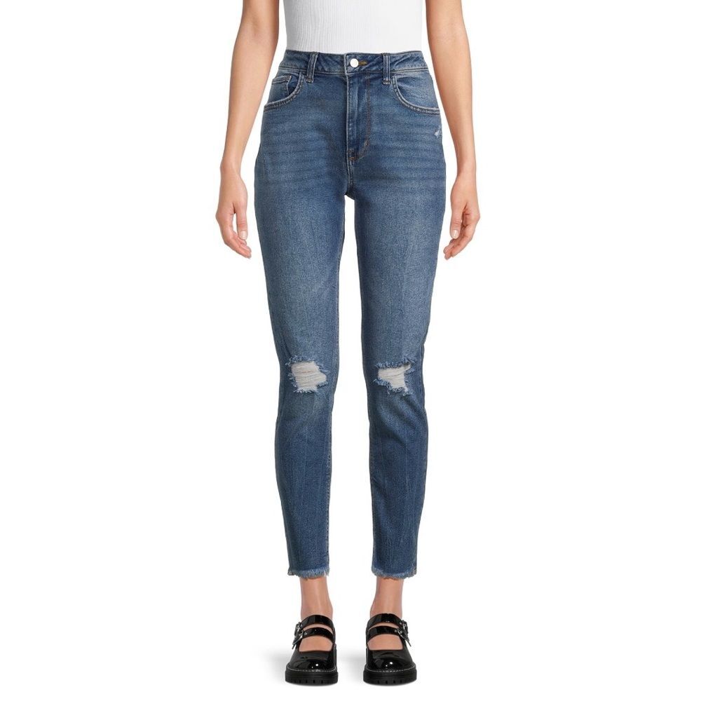 No Boundaries High Rise Mom Jeans Distressed Stretch Fray Hem NOBO Sz 11 NWT - Picture 2 of 6